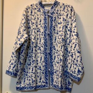 Vintage Women's Kashmiri Aari Handmade Cream Wool w Blue Blend Jacket